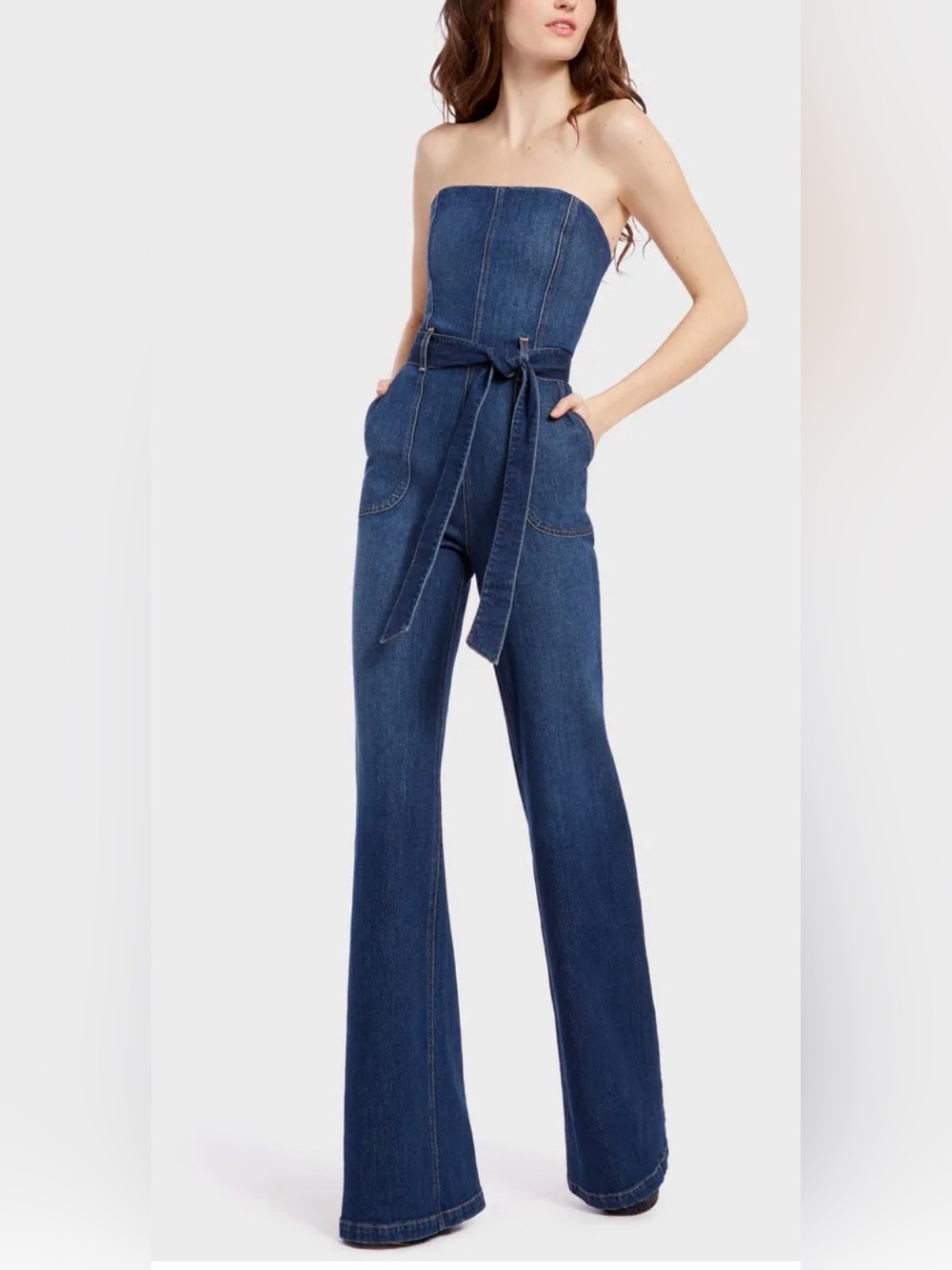 Alice + Olivia Gorgeous Susy Strapless Denim Jumpsuit Size 29